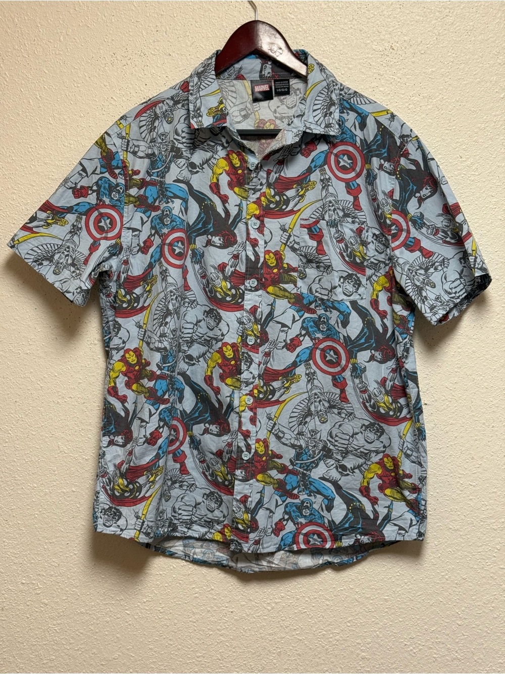 Marvel Short-Sleeve Button-Down Shirt - Gray with Red, Blue & Yellow Comic Print